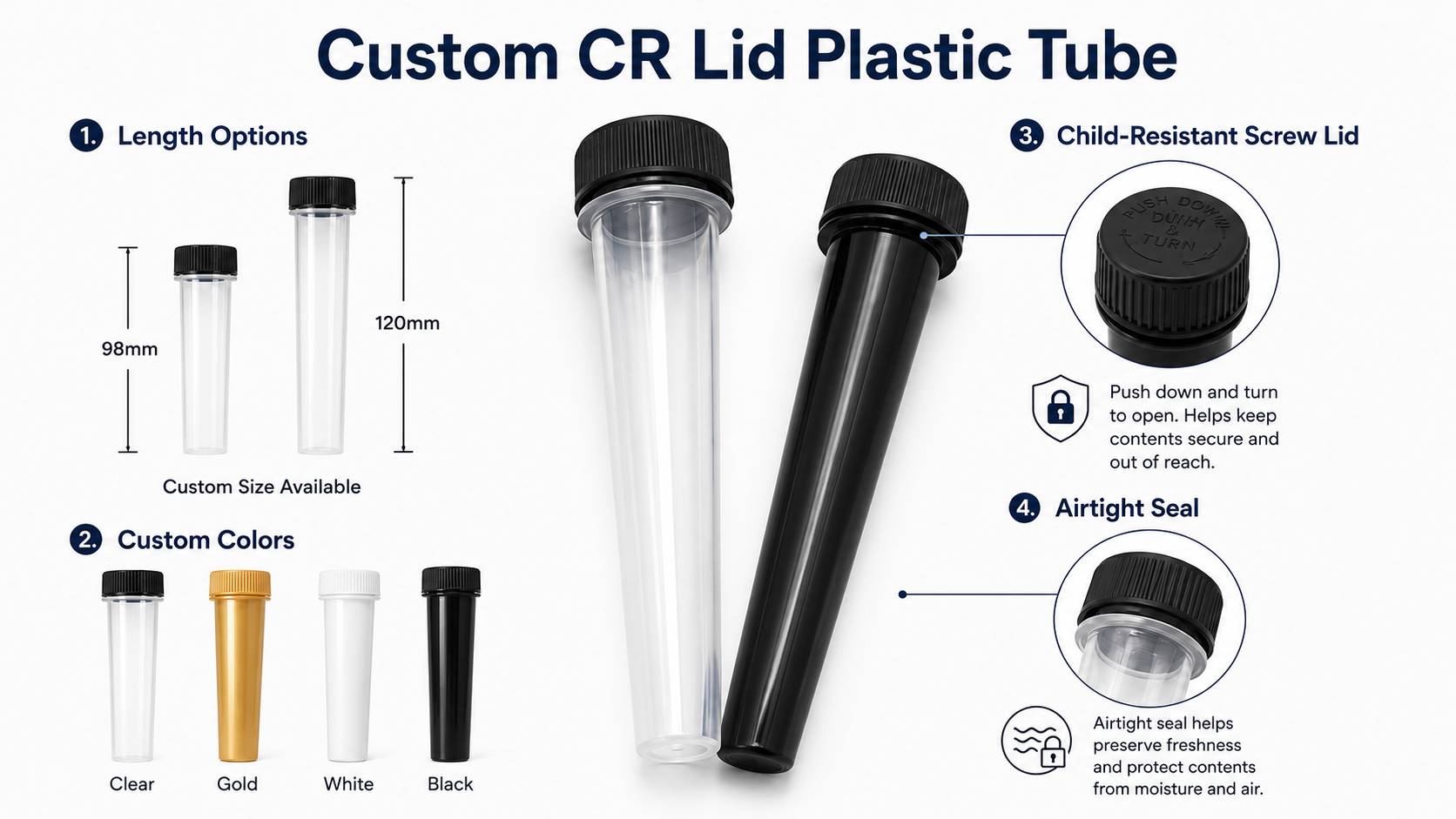 child-resistant plastic pre-roll tube with screw cap